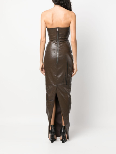 Rick Owens Strapless Coated Denim Gown In Brown