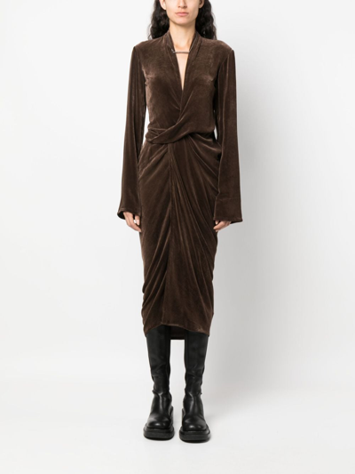 Shop Rick Owens Wrap Velvet Midi Dress In Brown