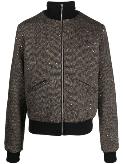 Shop Winnie Ny Herringbone-pattern Zip-up Bomber Jacket In Black