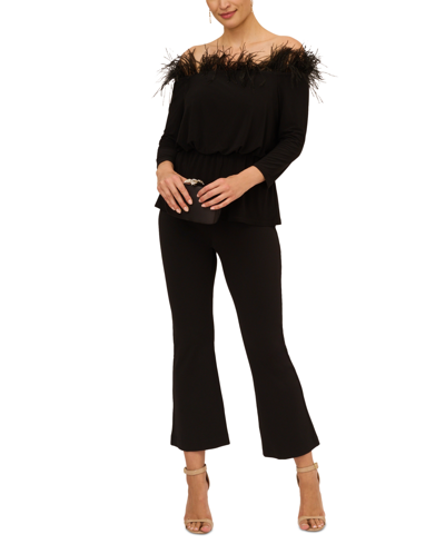 Shop Adrianna Papell Women's Feather-trim Off-the-shoulder Top In Black