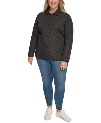 Shop Calvin Klein Womens Plus Size Collared Quilted Coat In Black