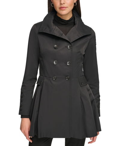 Shop Calvin Klein Women's Water Resistant Hooded Double-breasted Skirted Raincoat In Black