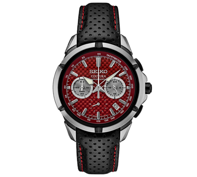 Shop Seiko Men's Chronograph Coutura Black Perforated Leather Strap Watch 42mm In Red
