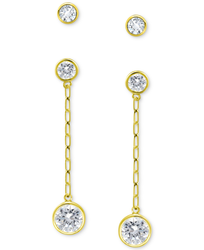 Shop Giani Bernini 2-pc. Set Cubic Zirconia Bezel Stud & Chain Drop Earrings, Created For Macy's In Gold