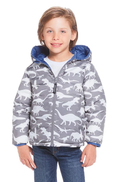 Shop Andy & Evan Kids' Reversible Hooded Puffer Jacket In Mid Blue Dinos