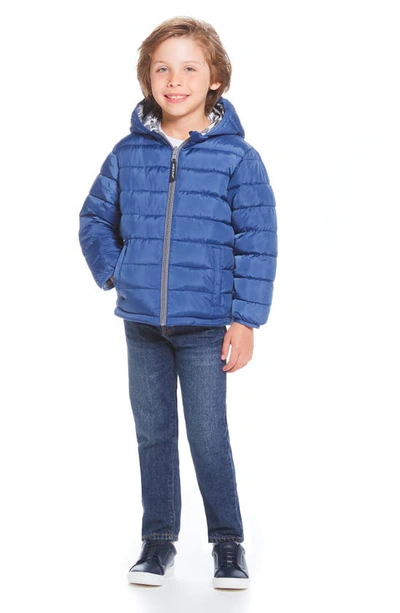 Shop Andy & Evan Kids' Reversible Hooded Puffer Jacket In Mid Blue Dinos