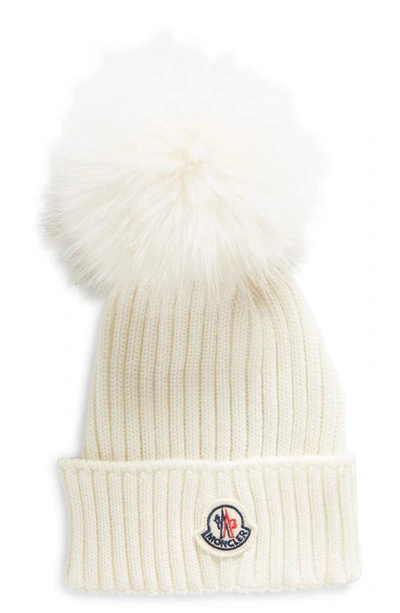 Shop Moncler Kids' Ribbed Wool Beanie With Faux Fur Pompom In White