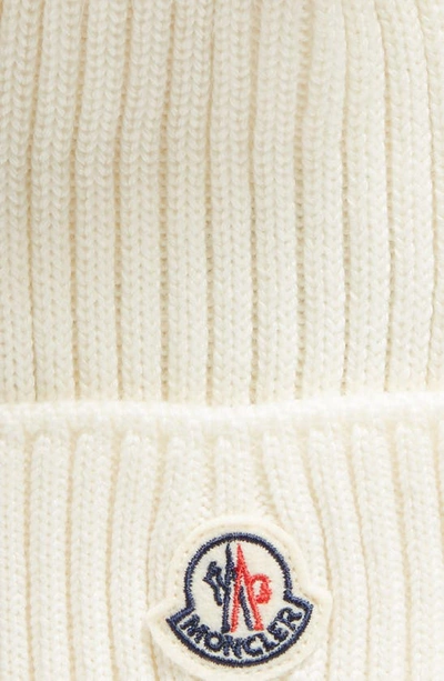 Shop Moncler Kids' Ribbed Wool Beanie With Faux Fur Pompom In White
