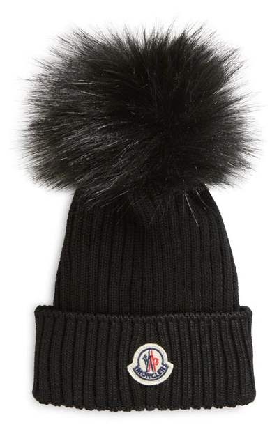 Shop Moncler Kids' Ribbed Wool Beanie With Faux Fur Pompom In Black