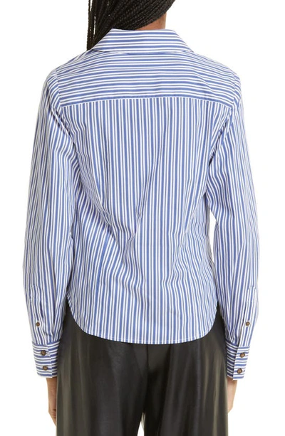 Shop Veronica Beard Joelle Stripe Pleated Shirt In Classic Blue/ Off White
