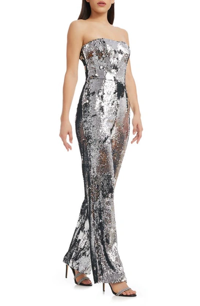 Dress The Population Andy Sequin Strapless Jumpsuit In Silver
