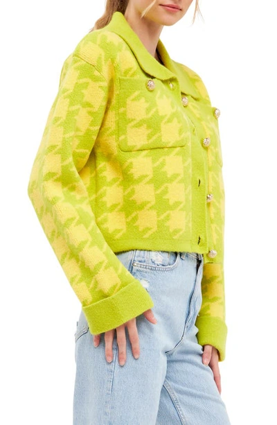Shop English Factory Houndstooth Cardigan In Lime/ Yellow
