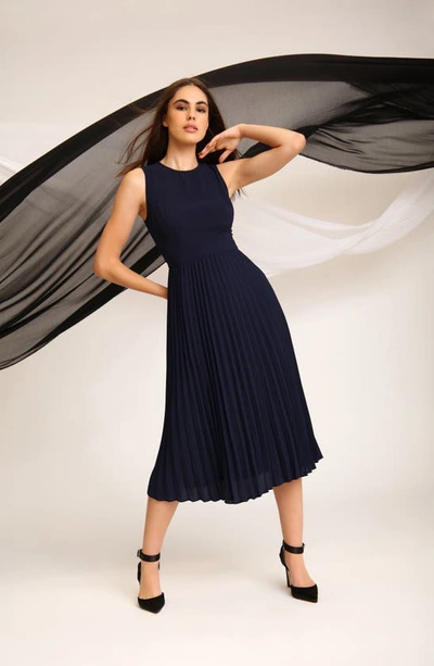 Shop Donna Morgan Pleated A-line Midi Dress In Navy Blazer