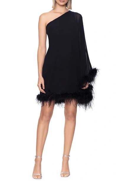 Shop Betsy & Adam Feather Trim Single Long Sleeve Cocktail Dress In Black