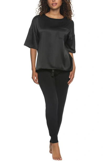Shop Felina Elysees Satin & Jersey Pajamas In Black