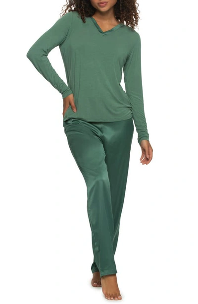 Felina Elysees Satin & Jersey Pajamas In Dark Forest