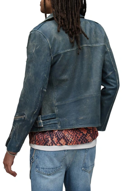 Shop Allsaints Ark Leather Biker Jacket In Jade Blue
