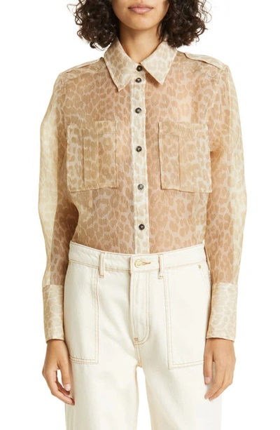 Shop Ganni Leopard Print Sheer Button-up Shirt In Oyster Gray
