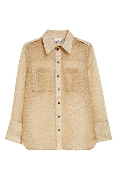 Shop Ganni Leopard Print Sheer Button-up Shirt In Oyster Gray