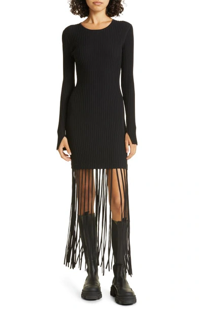 Shop Ganni Long Sleeve Fringe Knit Dress In Black