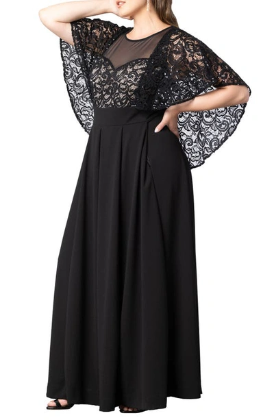 Kiyonna Sequin Lace Cape Jumpsuit In Black/ Nude
