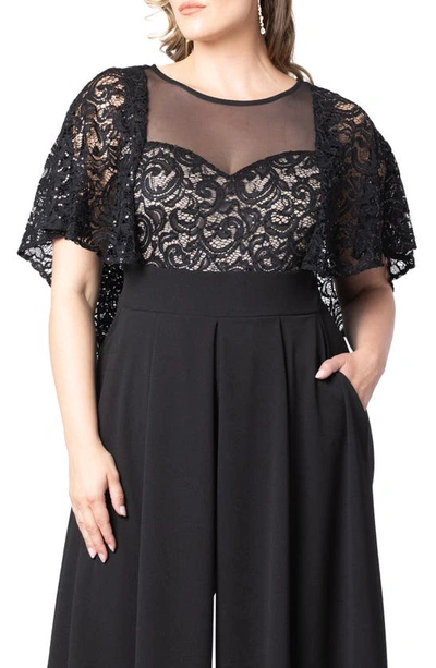Kiyonna Sequin Lace Cape Jumpsuit In Black/ Nude