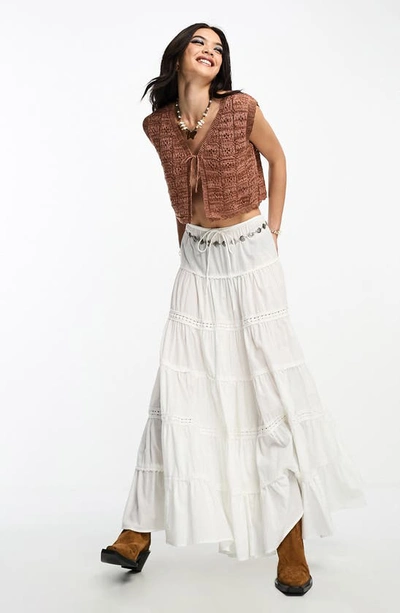Shop Asos Design Tiered Cotton Prairie Maxi Skirt In White