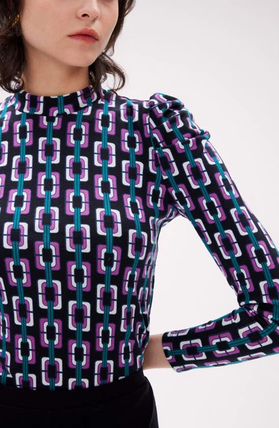 Shop Diane Von Furstenberg Doha Print Puff Shoulder Mock Neck Top In Chain Geo Multi Black