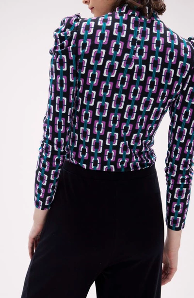 Shop Diane Von Furstenberg Doha Print Puff Shoulder Mock Neck Top In Chain Geo Multi Black