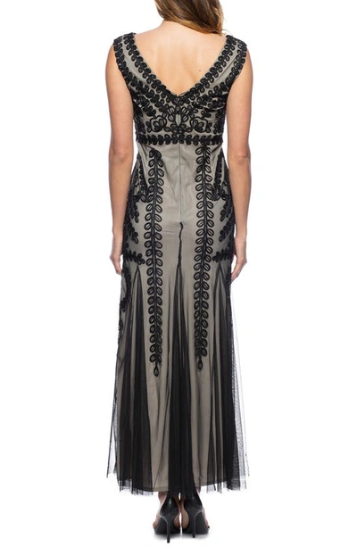 Shop Marina Sleeveless Embroidered Mesh Gown In Black/ Nude