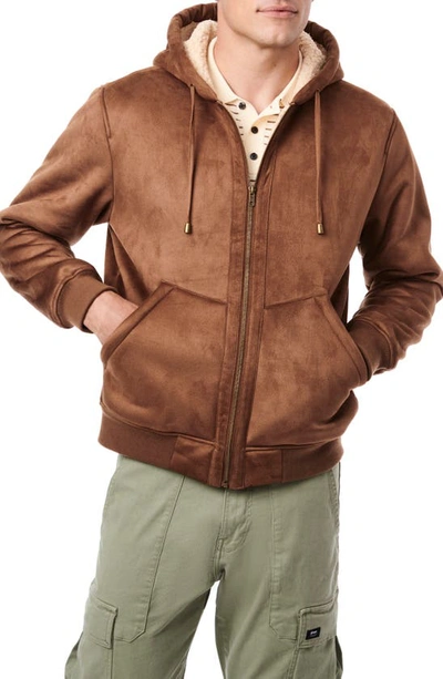 Shop Bernardo Faux Suede High Pile Fleece Lined Hooded Jacket In Camel/ Cream