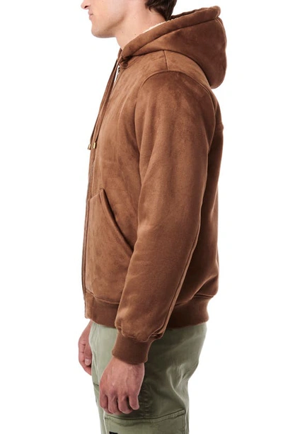 Shop Bernardo Faux Suede High Pile Fleece Lined Hooded Jacket In Camel/ Cream