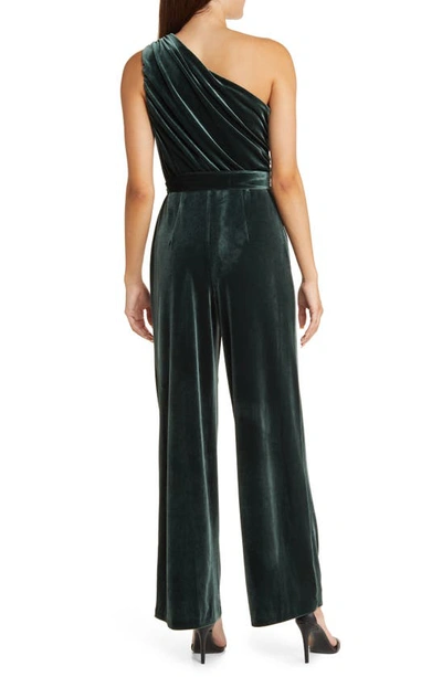 Shop Anne Klein One-shoulder Velvet Jumpsuit In Pine Forest