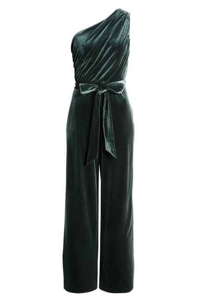 Shop Anne Klein One-shoulder Velvet Jumpsuit In Pine Forest