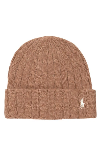 Shop Polo Ralph Lauren Logo Embroidered Wool & Cashmere Cable Beanie In Camel
