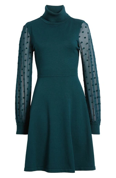Shop Eliza J Mixed Media Long Sleeve Fit & Flare Dress In Spruce