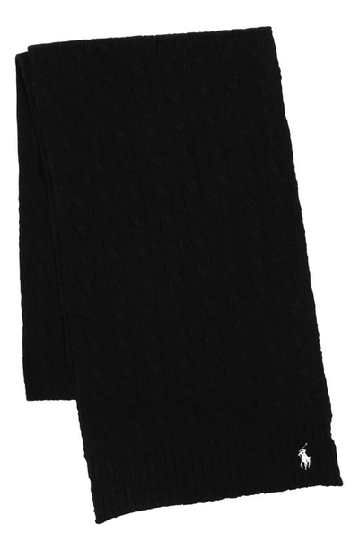 Polo Ralph Lauren Logo Embroidered Wool & Cashmere Cable Stitch Scarf In Black