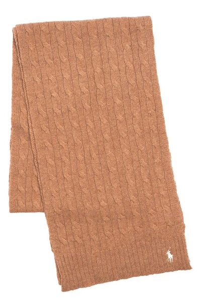 Shop Polo Ralph Lauren Logo Embroidered Wool & Cashmere Cable Stitch Scarf In Camel