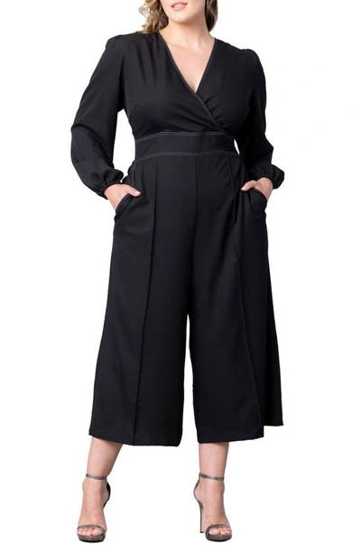 Shop Kiyonna Tessa Long Sleeve Crop Jumpsuit In Black Noir