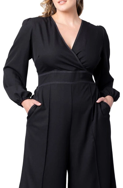 Shop Kiyonna Tessa Long Sleeve Crop Jumpsuit In Black Noir