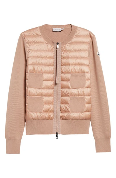 Shop Moncler Mixed Media Quilt Front Wool Cardigan In Dark Pink