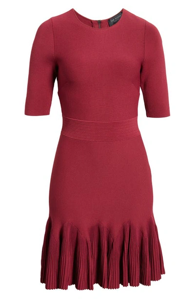 Shop Ted Baker Josafee Pleated Fit & Flare Sweater Dress In Dark Red