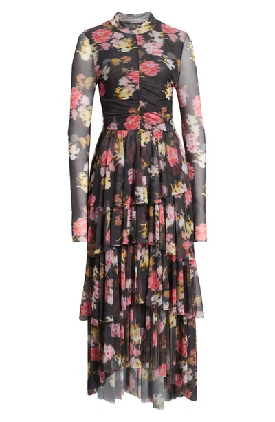 Shop Ted Baker Tiloula Floral Ruched Long Sleeve Tiered Midi Dress In Black