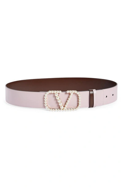 Shop Valentino Imitation Pearl Vlogo Signature Reversible Leather Belt In Kgc Water Lilac/ Cacao