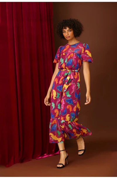 Shop Donna Morgan For Maggy Floral Tiered Puff Sleeve Tie Waist Dress In Ripe Plum/ Azalea