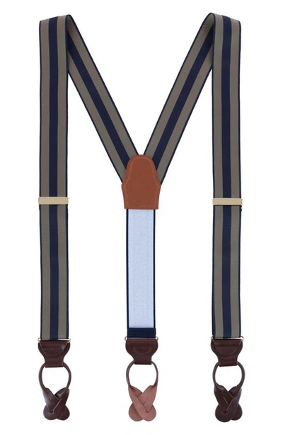 Shop Trafalgar Balint Stripe Grosgrain Suspenders In Khaki And Navy