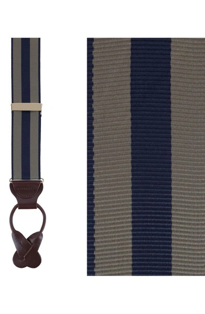Trafalgar Balint Stripe Grosgrain Suspenders In Khaki And Navy