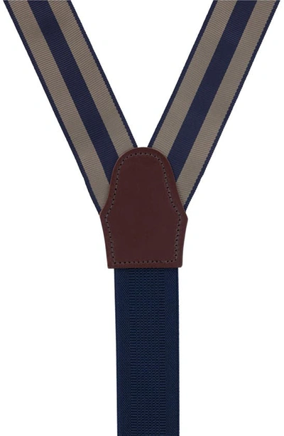 Trafalgar Balint Stripe Grosgrain Suspenders In Khaki And Navy