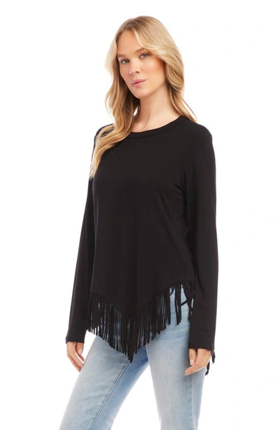 Karen Kane Asymmetric Fringe Jersey Top In Black
