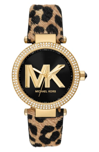 Shop Michael Kors Parker Genuine Calf Hair Strap Watch, 39mm In Cheetah